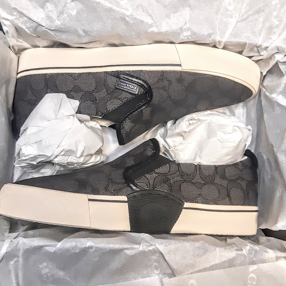 Coach Skate Slip On Sneaker Loafer Signature Jacquard Gray Black Vans driving